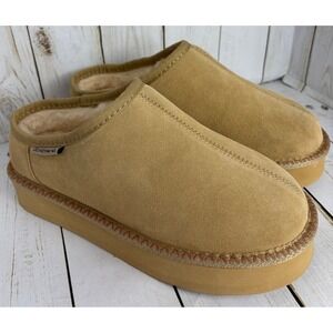 Bearpaw Caroline Platform Slippers Tan Suede Wool Blend Mules Womens 9M